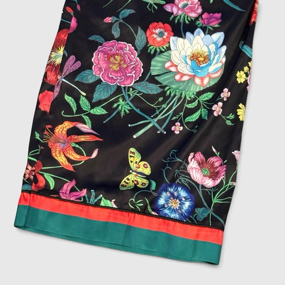 Floral Botanical Wide Leg Silky Satin Style Pants Boho Chic Womens XL Maximalist